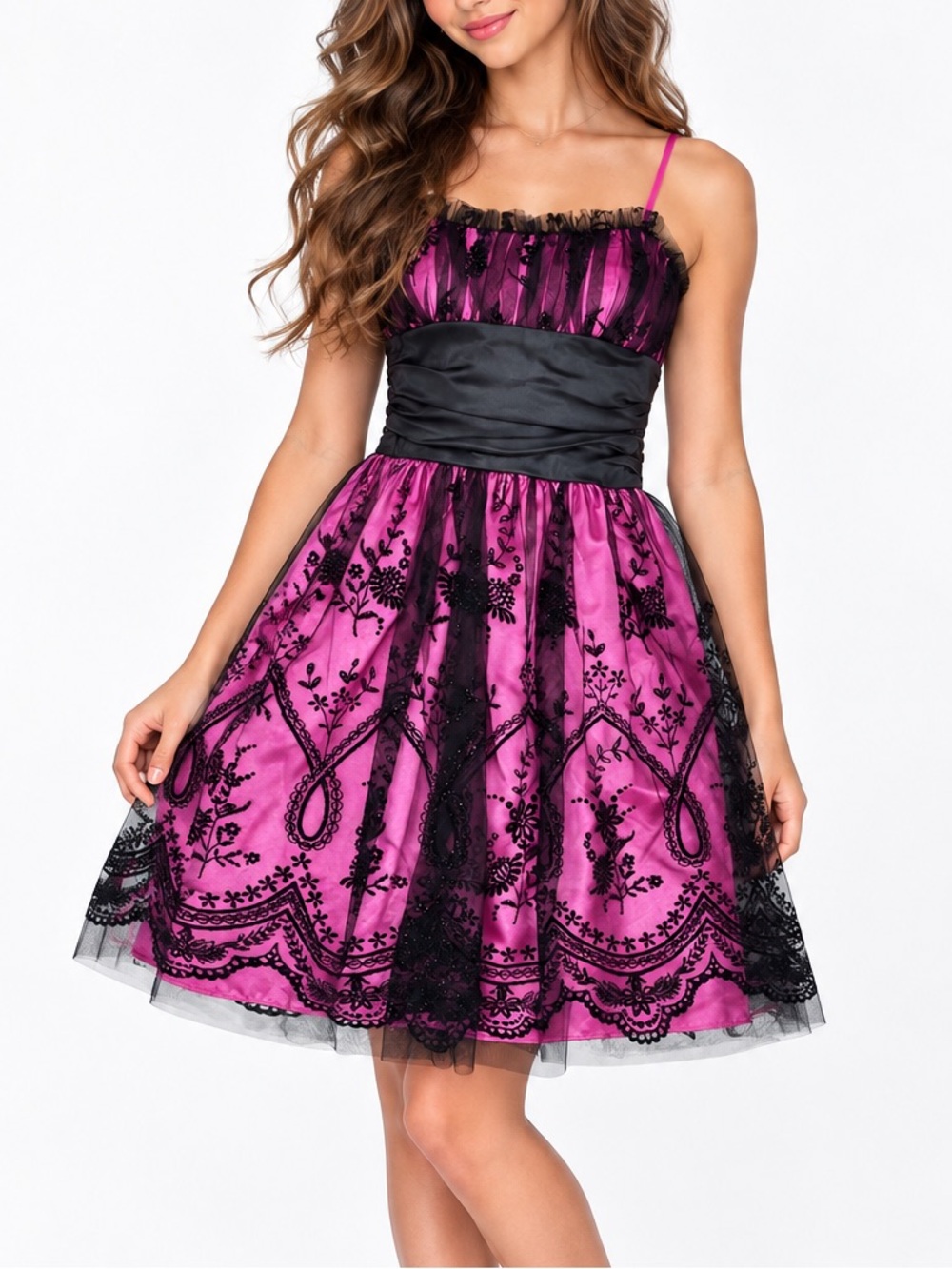 NWT Morgan & Co Y2K Pink Black Floral Tulle Fit & Flare Party Dress Juniors 5/6